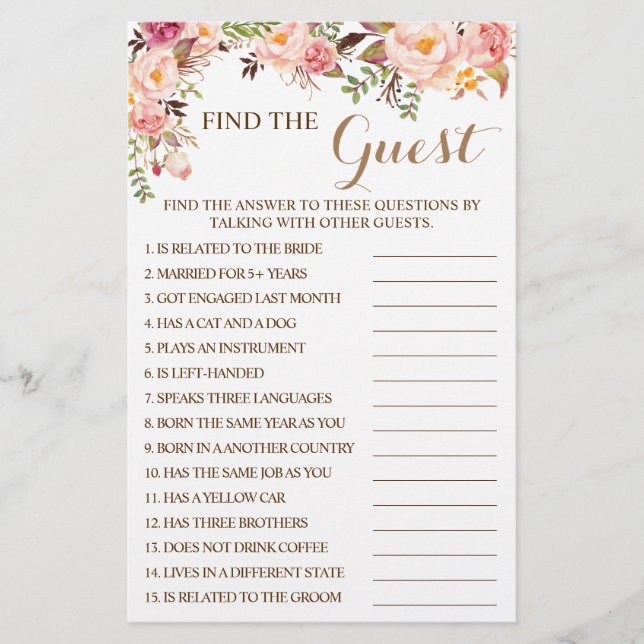 Pink Floral Find the Guest Bridal Shower Game Card (Front)