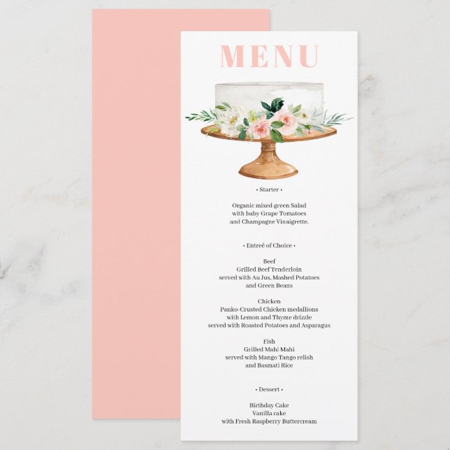 Pink Floral First Birthday Cake Menu Invitation (Front/Back)
