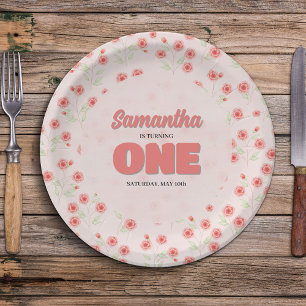 Pink Floral First Birthday Girl Party Custom Paper Plate
