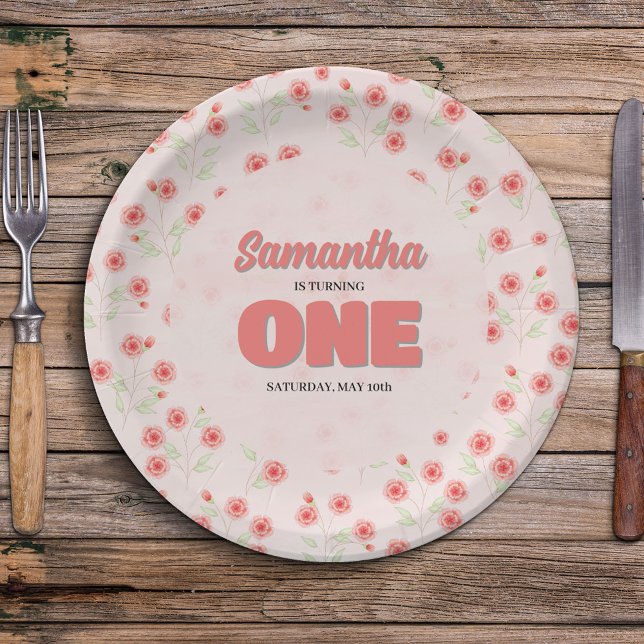 Pink Floral First Birthday Girl Party Custom Paper Plate (Cute pink floral party paper plates. )