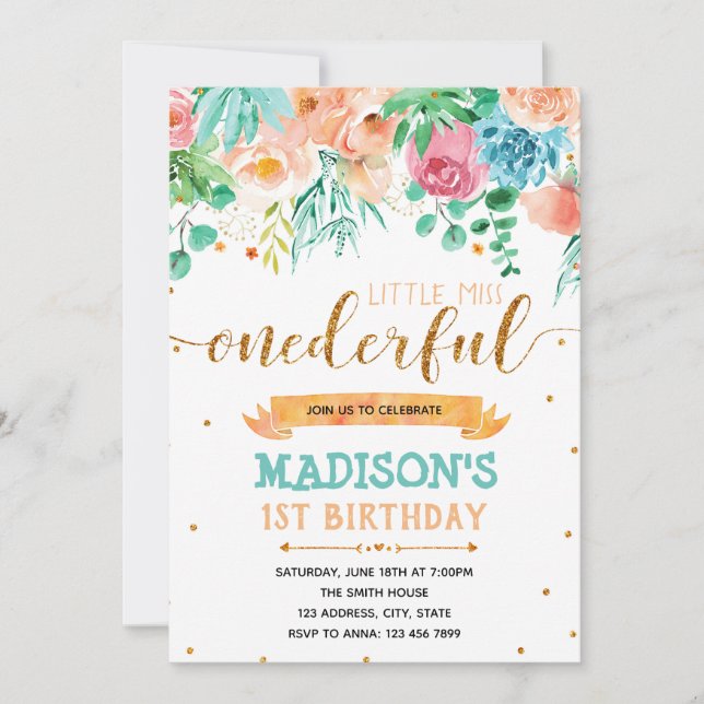 Pink Floral First Birthday invitation (Front)