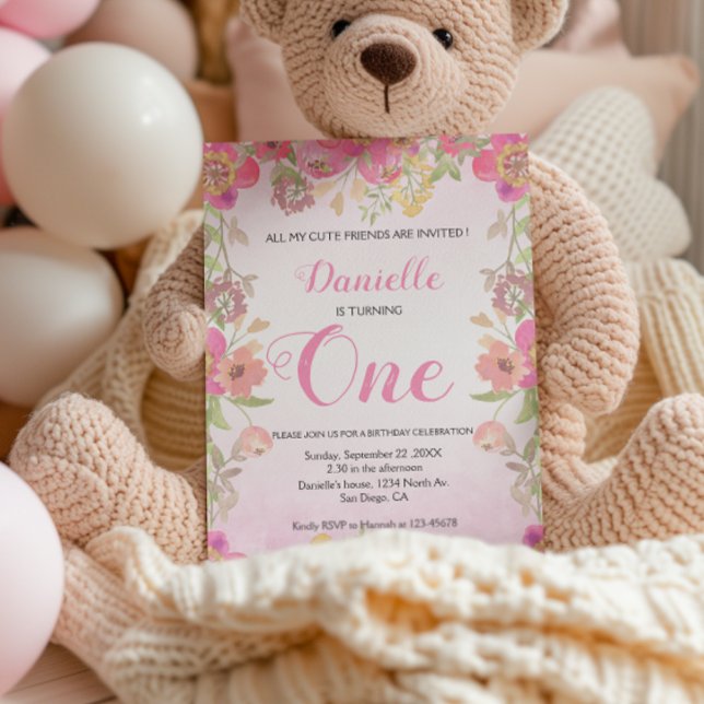 Pink Floral First Birthday Invitation (Creator Uploaded)