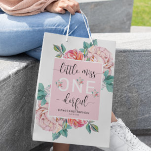Pink Floral First Birthday  Medium Gift Bag