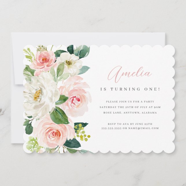 Pink Floral First Birthday Party Invitation (Front)