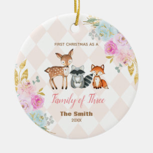 Pink Floral First Christmas as a Family of 3  Ceramic Tree Decoration
