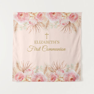Pink Floral First Communion Backdrop banner Tapestry