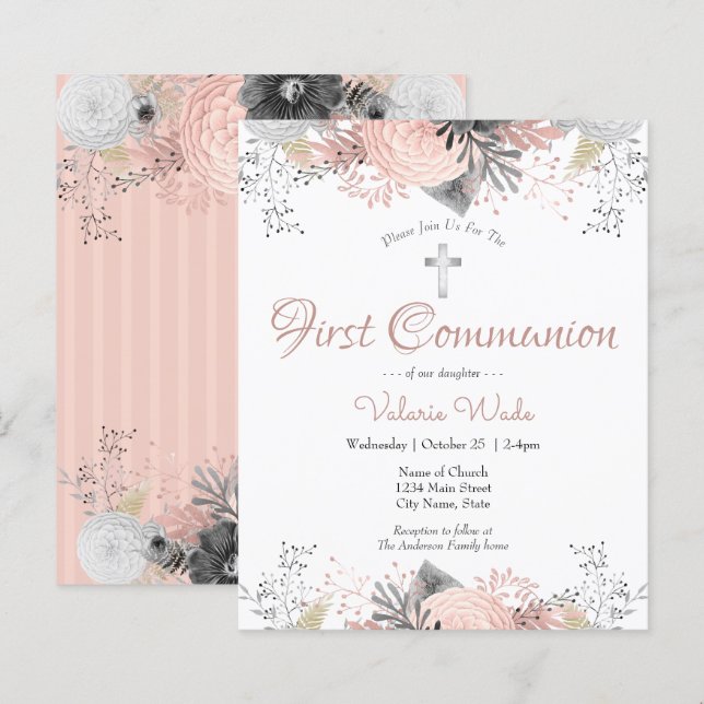 Pink Floral First Communion Budget Invitations (Front/Back)