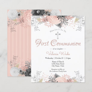 Pink Floral First Communion Budget Invitations