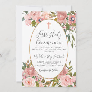 Pink Floral First Communion Invitation