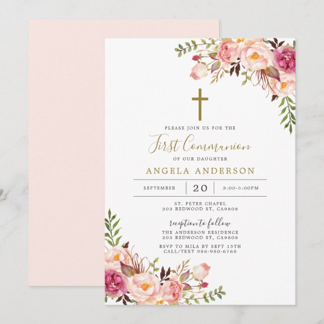 Pink Floral First Communion Invitation (Front/Back)