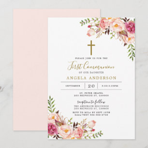 Pink Floral First Communion Invitation