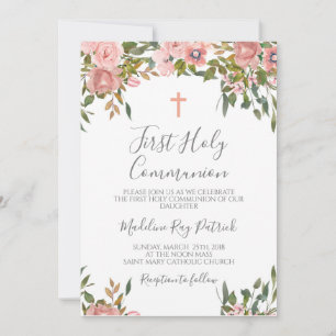 Pink Floral First Communion Invitation