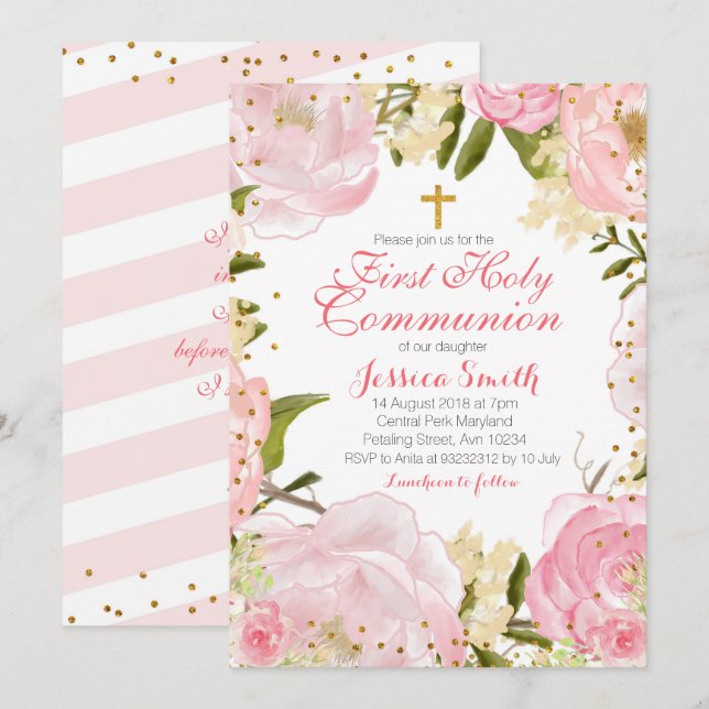 Pink floral First Communion Invitation. Invitation (Front/Back)