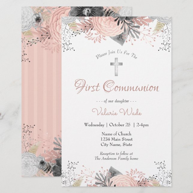 Pink Floral First Communion Invitations (Front/Back)