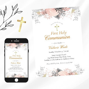 Pink Floral First Communion Invitations