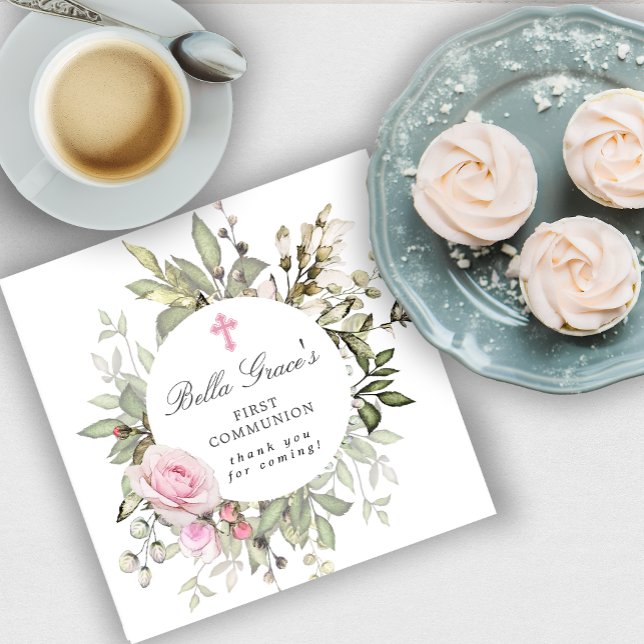Pink Floral First Communion Napkin (Creator Uploaded)