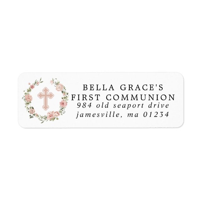 Pink Floral First Communion Return Address Label (Front)
