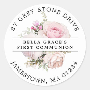 Pink Floral First Communion Return Address Label