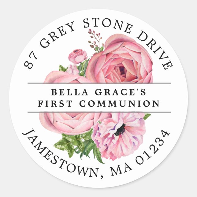 Pink Floral First Communion Return Address Label (Front)