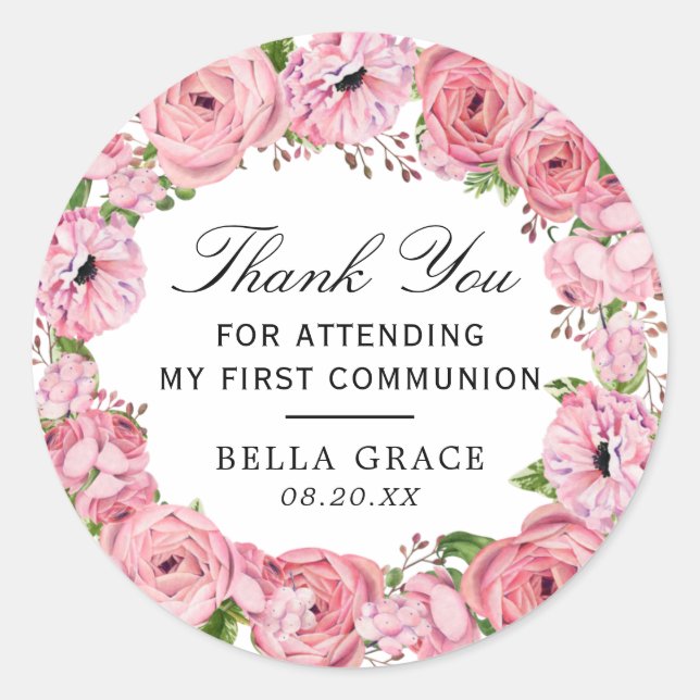 Pink Floral First Communion Thank You Classic Round Sticker (Front)