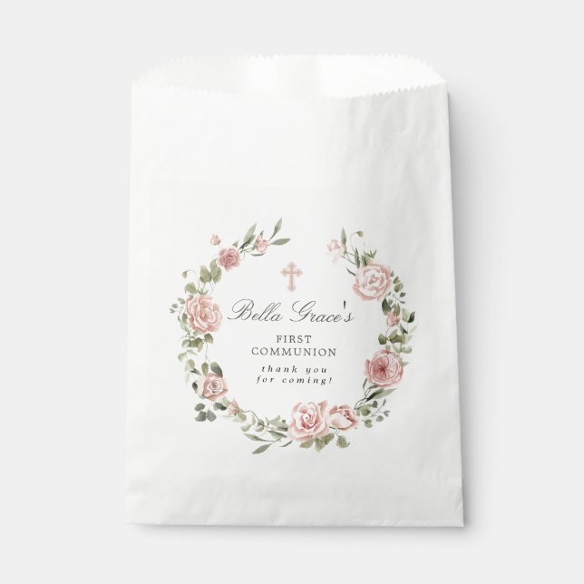 Pink Floral First Communion Thank You Favour Bag (Front)