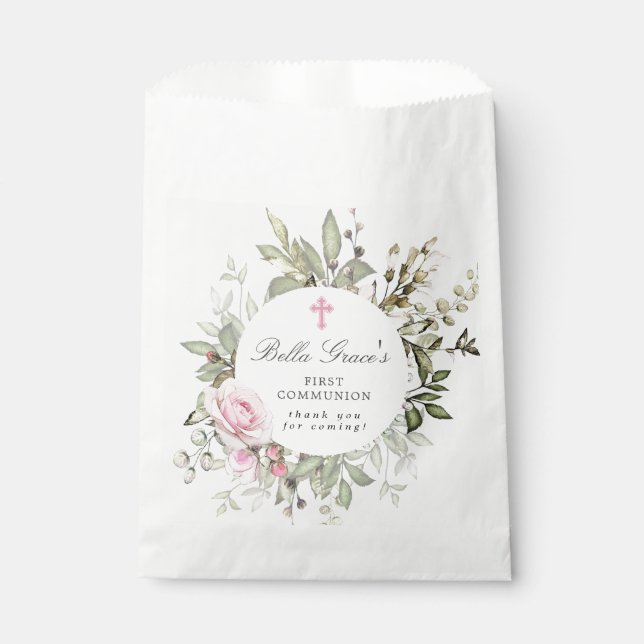 Pink Floral First Communion Thank You Favour Bags (Front)