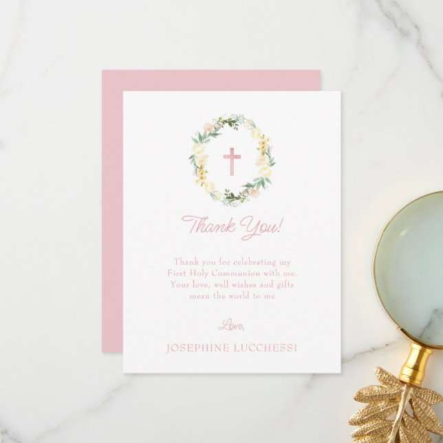 Pink Floral First Holy Communion Custom Thank You  (Front/Back In Situ)
