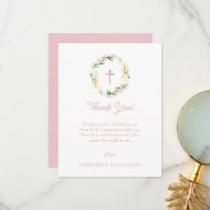 Pink Floral First Holy Communion Custom Thank You