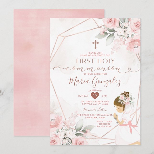 Pink Floral First Holy Communion Cute Girl Praying Invitation (Front/Back)