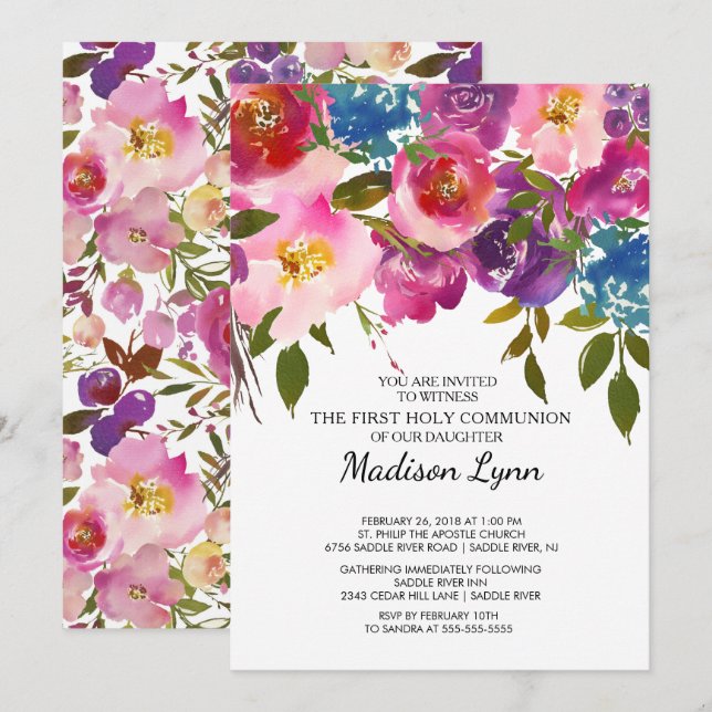 Pink Floral First Holy Communion Invitation (Front/Back)