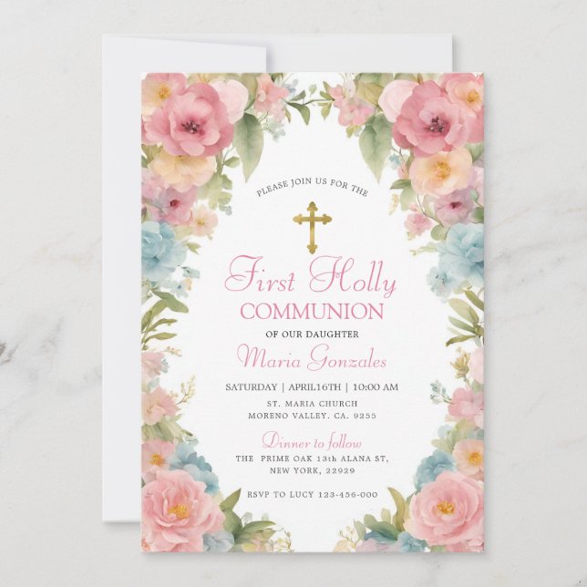 Pink Floral First Holy Communion  Invitation (Front)