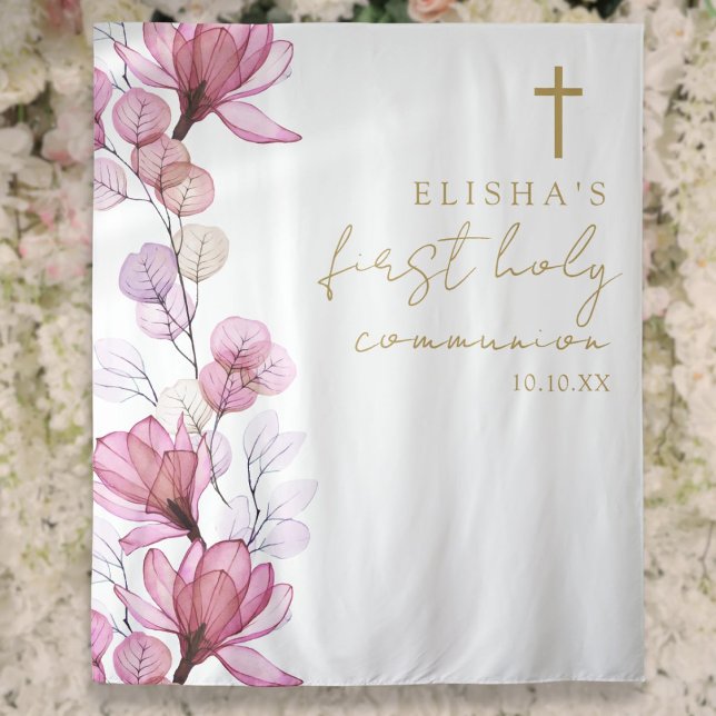 Pink Floral First Holy Communion Photo Backdrop Tapestry (Pink Floral First Holy Communion Photo Backdrop)