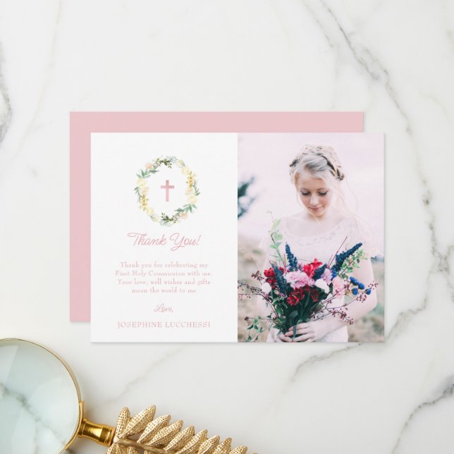 Pink Floral First Holy Communion Photo Thank You Card (Front/Back In Situ)