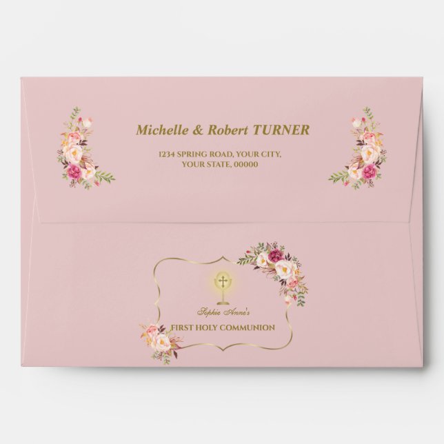 Pink Floral First Holy Communion Return Address   Envelope (Back (Top Flap))