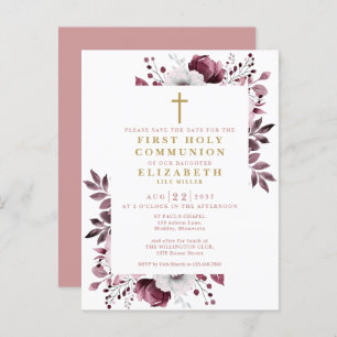Pink Floral First Holy Communion Save The Date Postcard