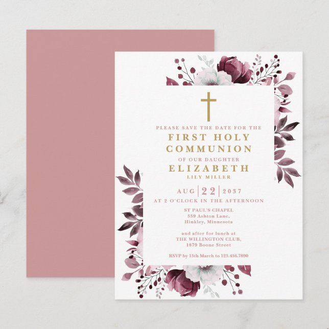 Pink Floral First Holy Communion Save The Date Postcard (Front/Back)