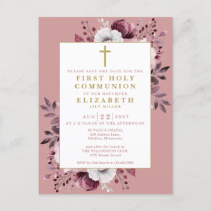 Pink Floral First Holy Communion Save The Date Postcard
