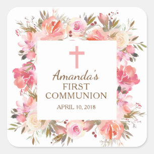 Pink Floral First Holy Communion Sticker