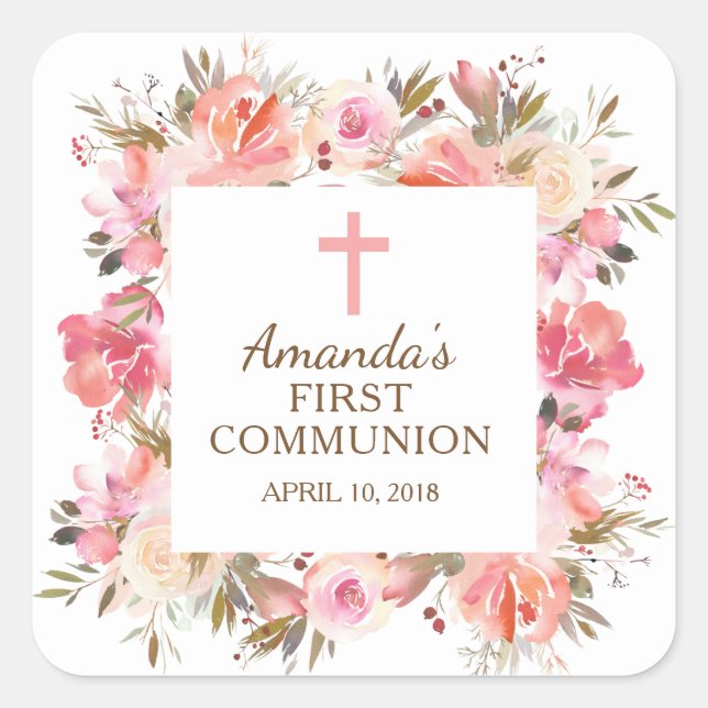 Pink Floral First Holy Communion Sticker (Front)