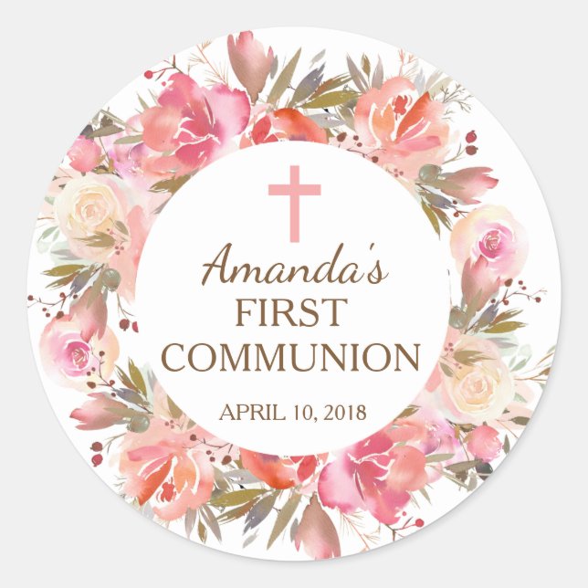 Pink Floral First Holy Communion Sticker (Front)