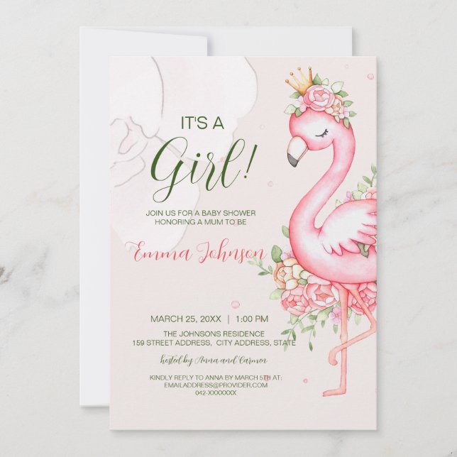 Pink Floral Flamingo Baby Shower Invitation (Front)