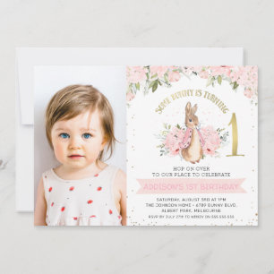 Pink Floral Flopsy Bunny Rabbit 1st Photo Birthday Invitation