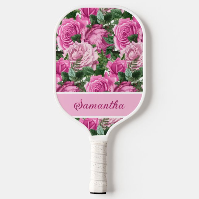 Pink Floral Flowers Roses Name Script Pickleball Paddle (Back)