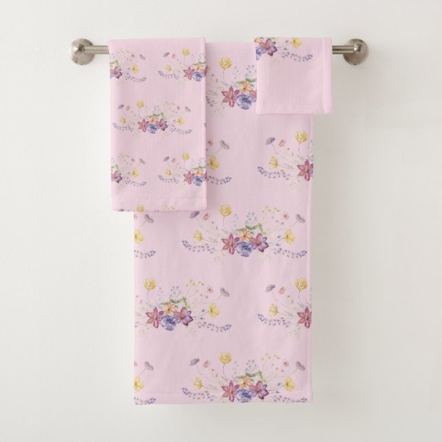 Pink Floral Flowers Spray Bouquet  Bath Towel Set (Insitu)