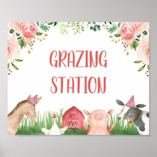 Pink Floral Foliage Farm Animals Birthday Party  Poster