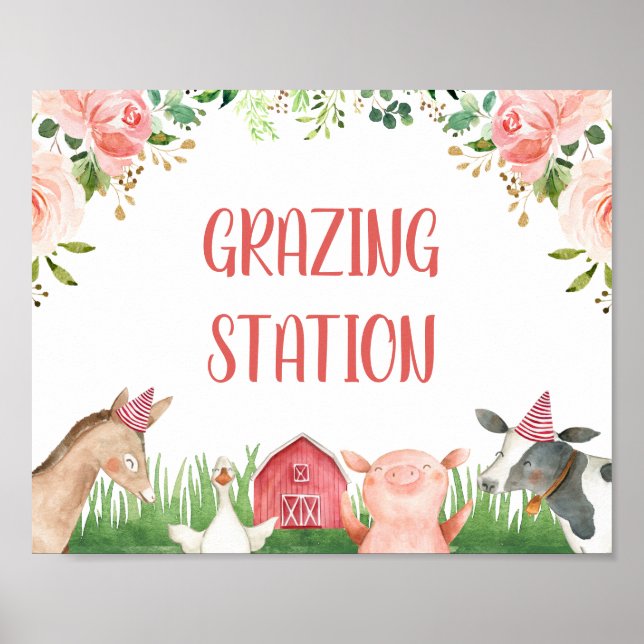 Pink Floral Foliage Farm Animals Birthday Party  Poster (Front)