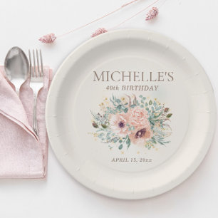 Pink Floral Foliage Glitter 40th Birthday Paper Plate