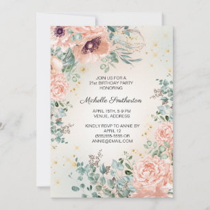 Pink Floral Foliage Gold Glitter 21st Birthday Invitation