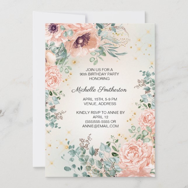 Pink Floral Foliage Gold Glitter 90th Birthday Invitation (Front)