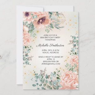 Pink Floral Foliage Gold Glitter 90th Birthday Invitation